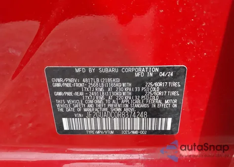 2024 Subaru Crosstrek Premium z USA, uszkodzony, nr VIN JF2GUADC0R8374248